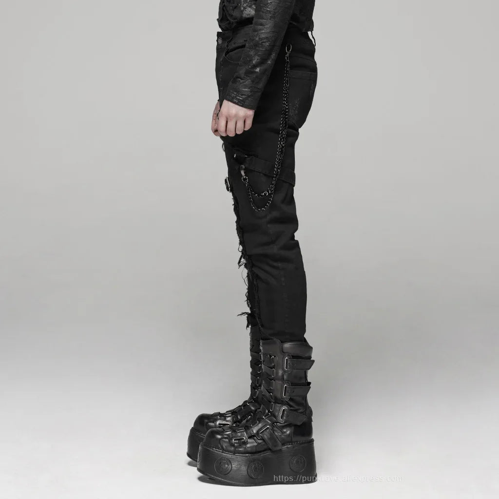 L&J Luxury Men's Punk Black Elastic Wash Long Pants