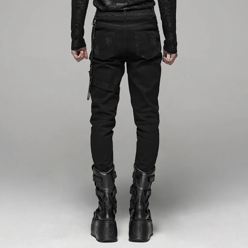 L&J Luxury Men's Punk Black Elastic Wash Long Pants