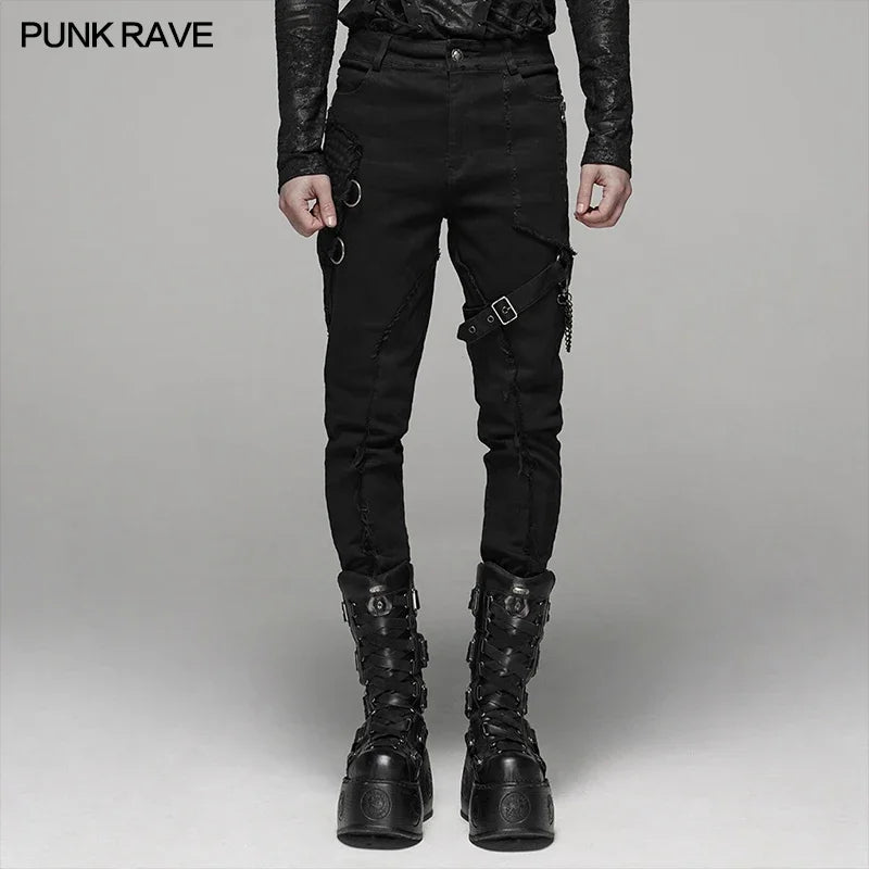 L&J Luxury Men's Punk Black Elastic Wash Long Pants