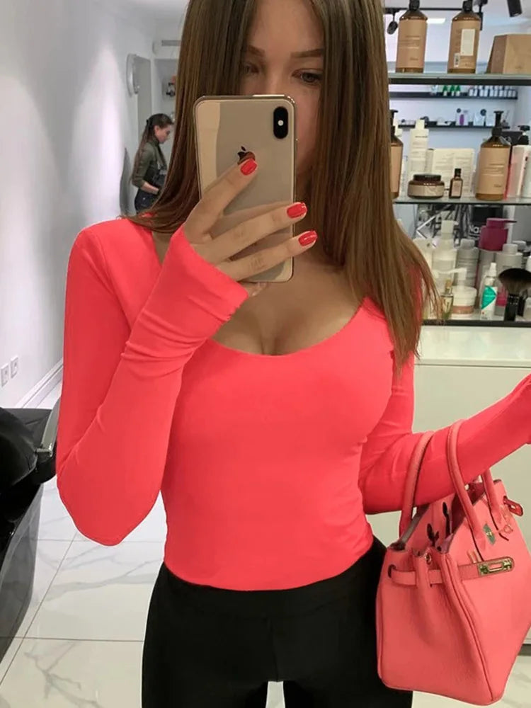 L&J Luxury Orange Neon Bodysuit Women Long Sleeve