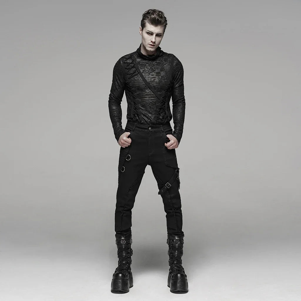 L&J Luxury Men's Punk Black Elastic Wash Long Pants
